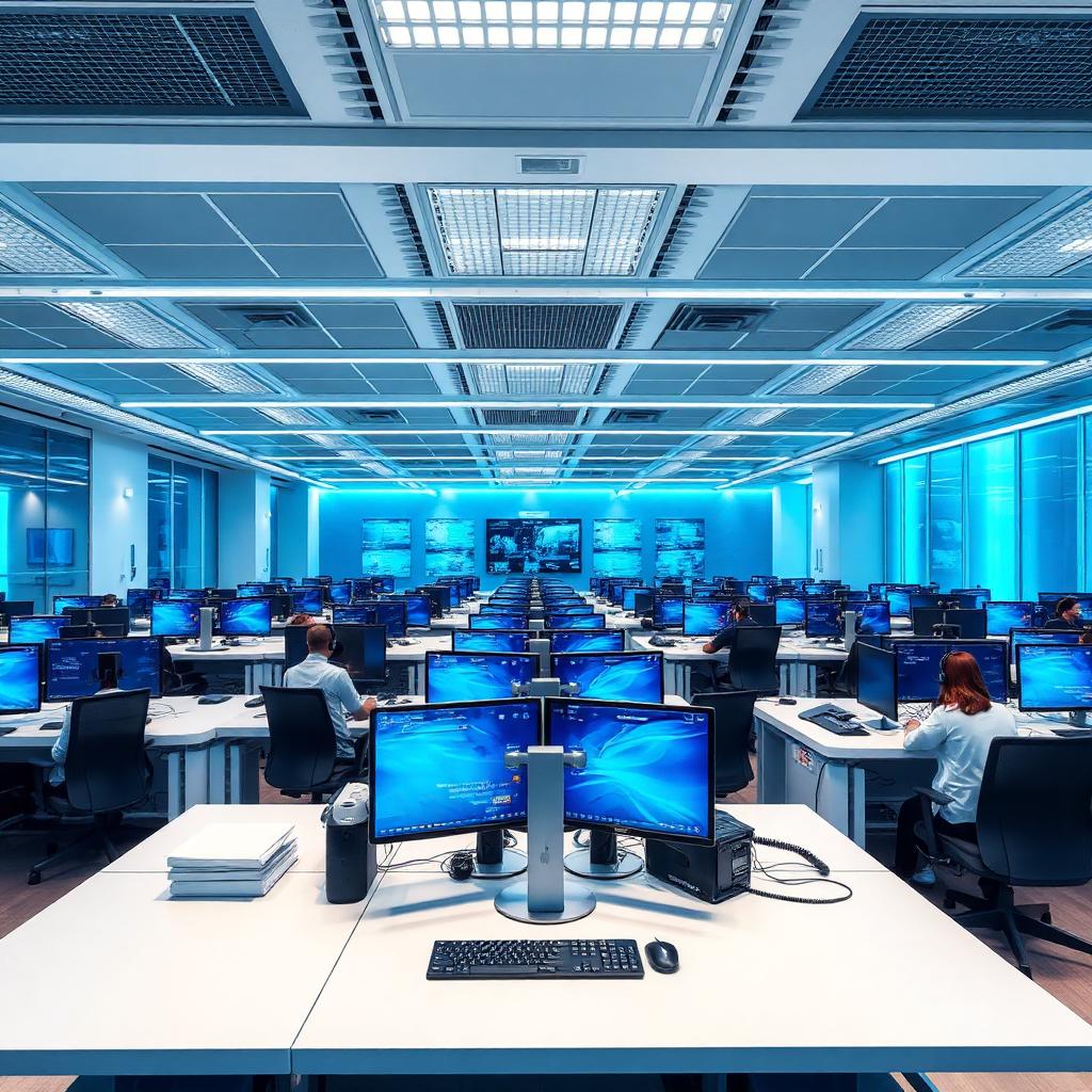 Modern call center operations floor with sleek monitors and organized workstations